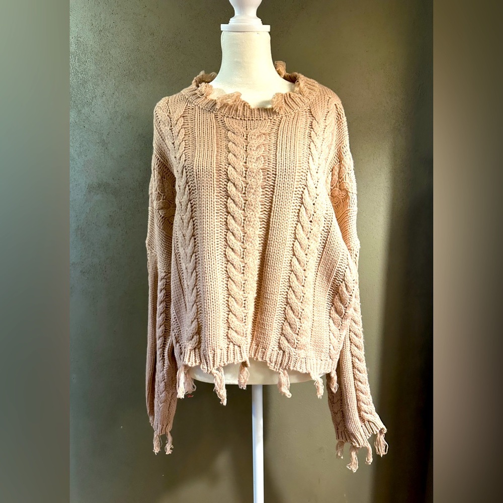 Alter’d state cable knit sweater, crew back, tasseled edges, blush/tan